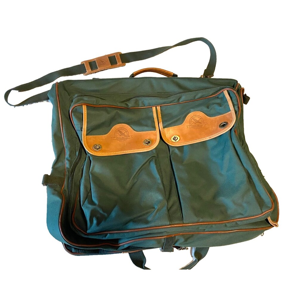 VTG. EDDIE BAUER Friday Harbor GARMENT BAG Olive Green Canvas Leather Luggage